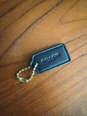Coach Black Leather Tag Charm with Gold Ball Chain